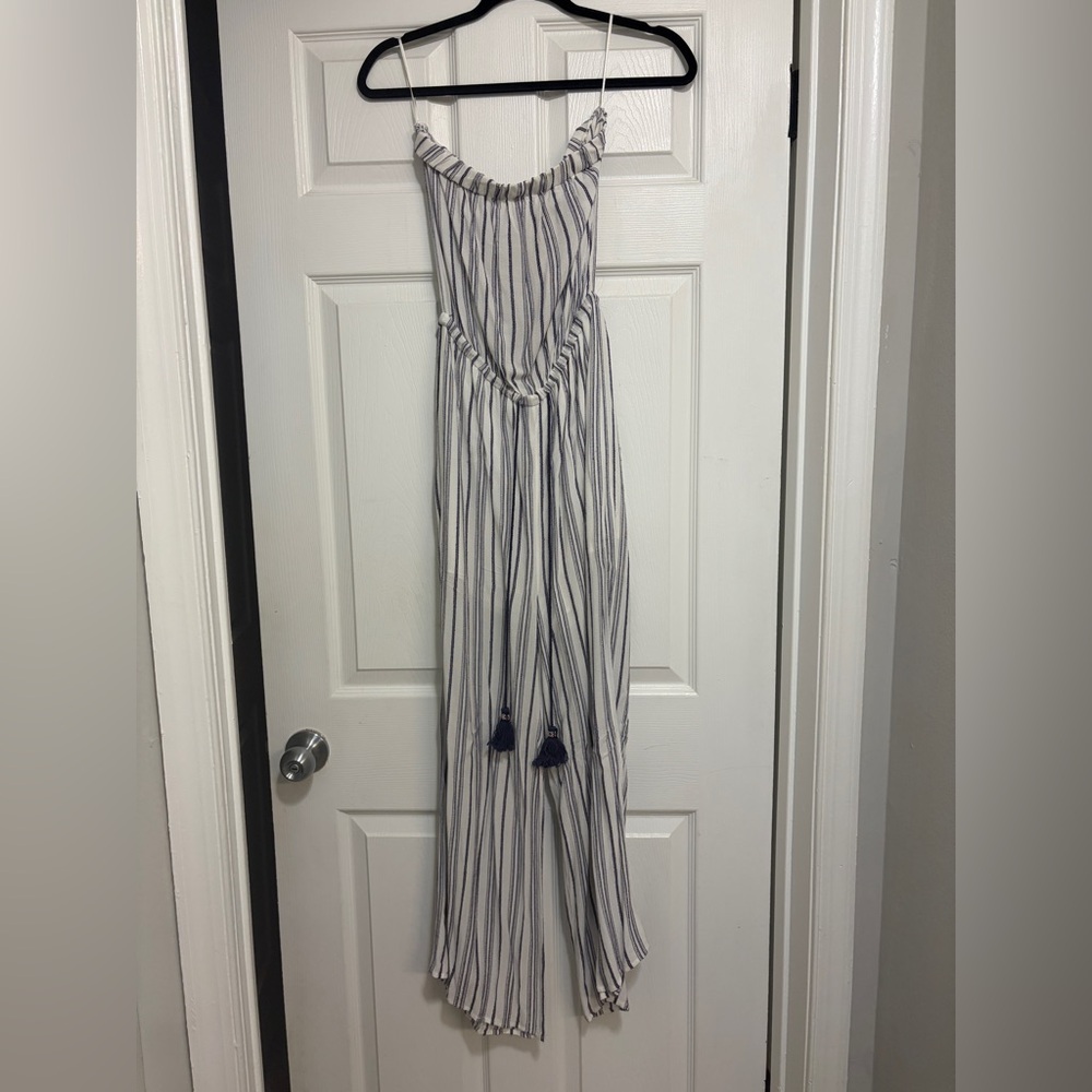 Navy and White Strapless Jumpsuit